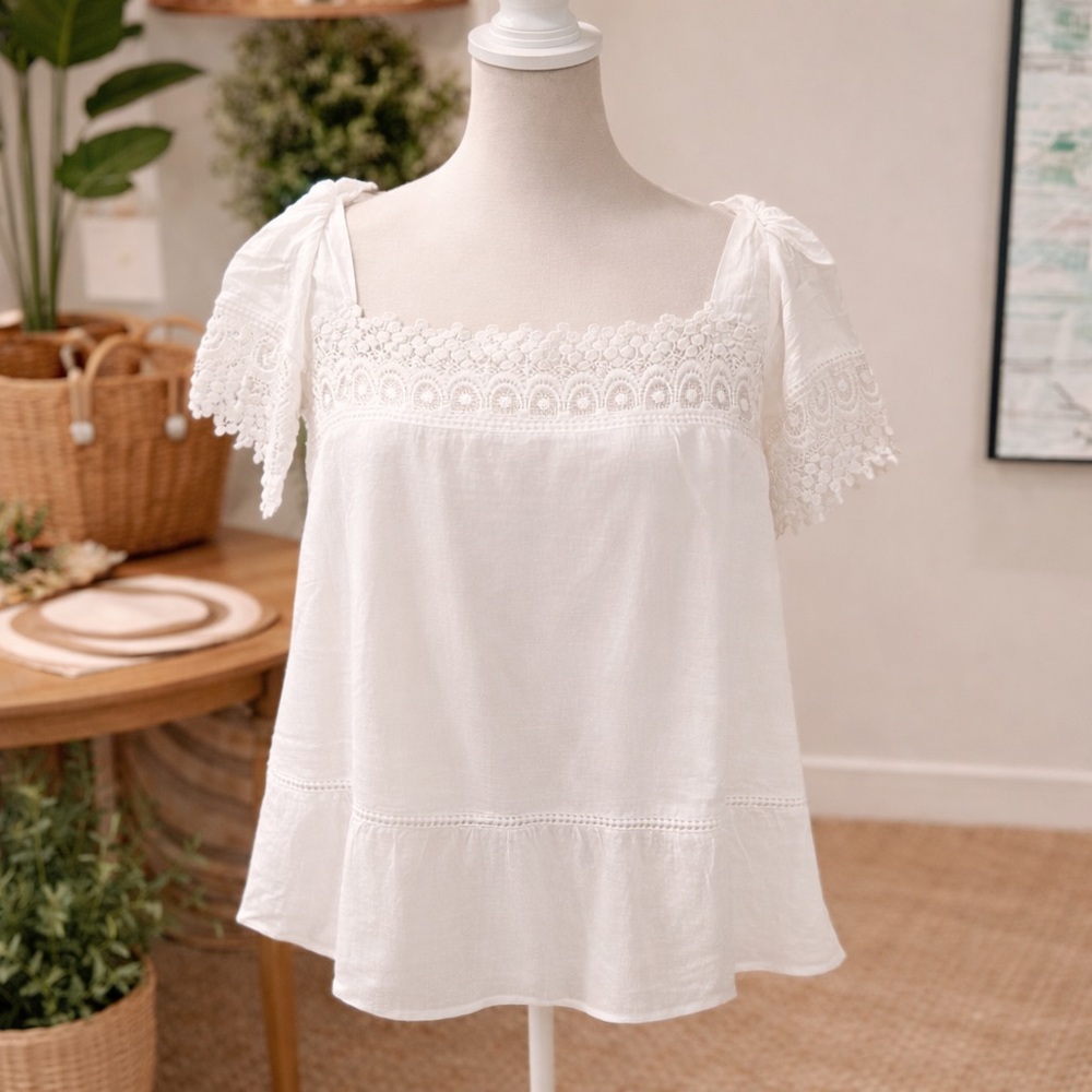 White Birch Lace Boho Top Small Medium Large White 100% Cotton Eyelet Blouse